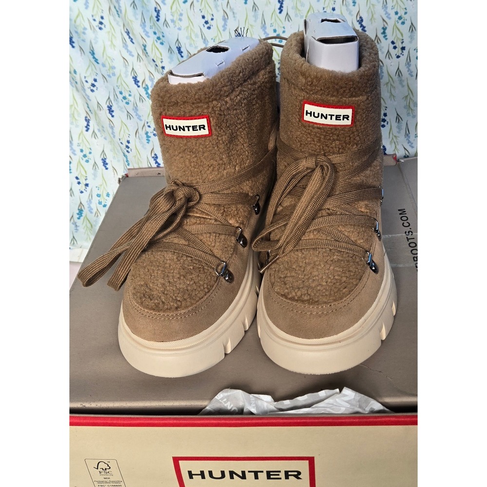 Hunter Wanderer Sherpa Snow Boots Tan Waterproof Faux Fur Ankle Boots Womens‎ 7M